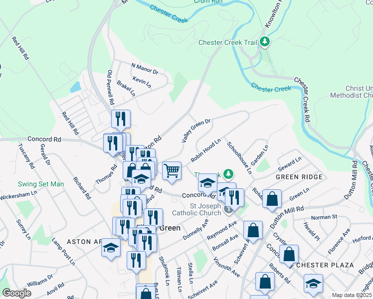 map of restaurants, bars, coffee shops, grocery stores, and more near 106 Valley Green Drive in Aston