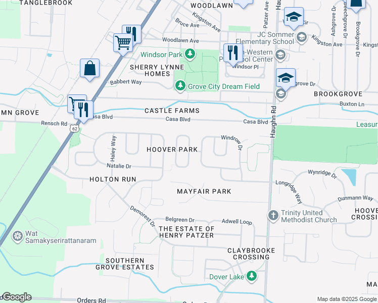 map of restaurants, bars, coffee shops, grocery stores, and more near 4544 Teabury Square South in Grove City