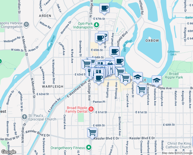 map of restaurants, bars, coffee shops, grocery stores, and more near 724 Broad Ripple Avenue in Indianapolis
