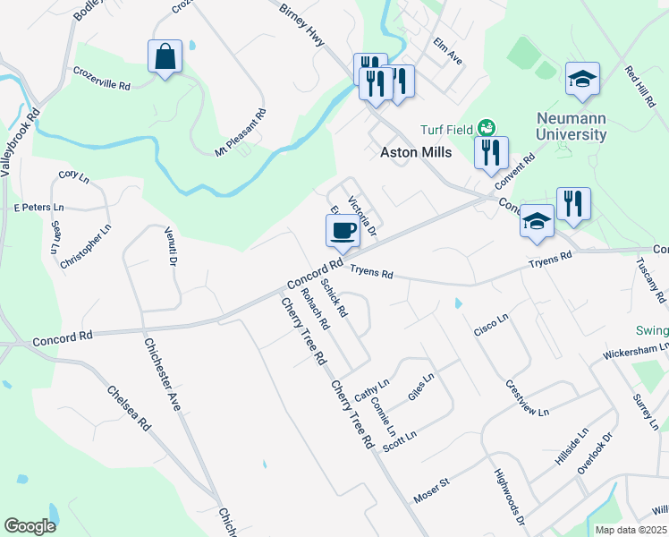 map of restaurants, bars, coffee shops, grocery stores, and more near 501 Tryens Road in Aston