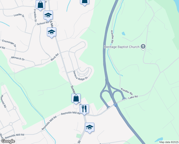map of restaurants, bars, coffee shops, grocery stores, and more near 7151 South Sentinel Lane in York