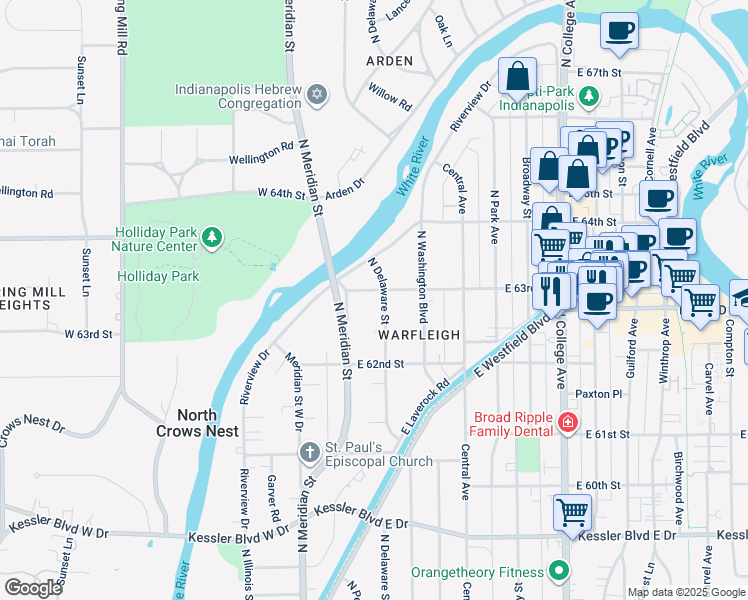 map of restaurants, bars, coffee shops, grocery stores, and more near 6262 North Delaware Street in Indianapolis