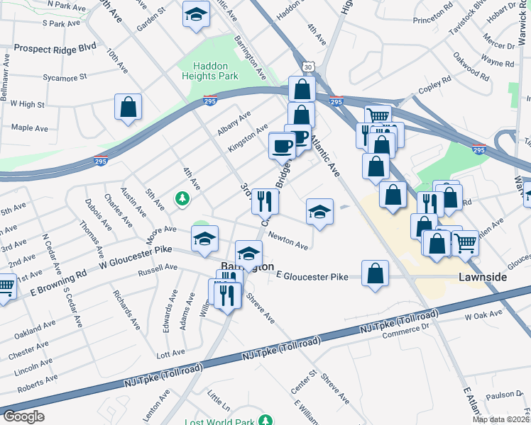 map of restaurants, bars, coffee shops, grocery stores, and more near 1 3rd Avenue in Barrington