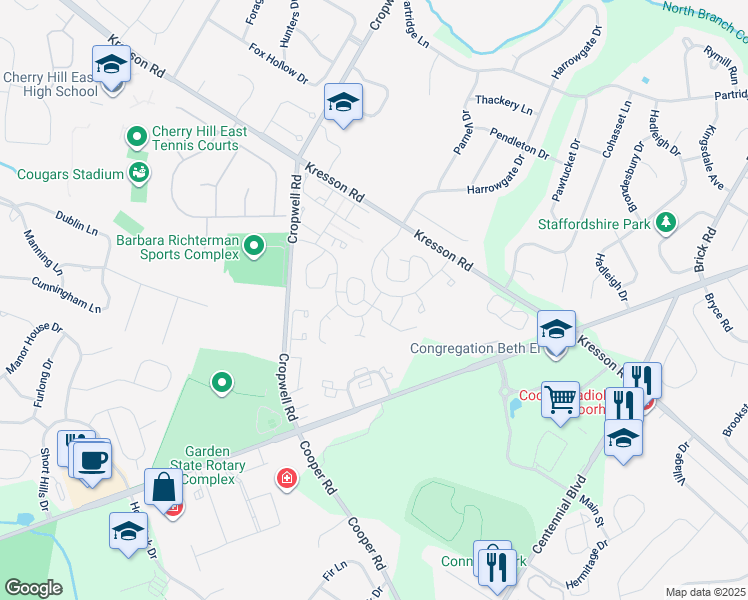 map of restaurants, bars, coffee shops, grocery stores, and more near 432 Chanticleer in Cherry Hill