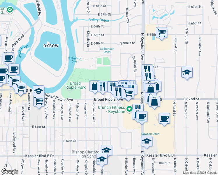 map of restaurants, bars, coffee shops, grocery stores, and more near 6240 Evanston Avenue in Indianapolis