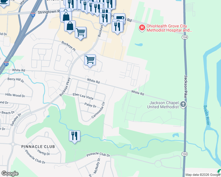 map of restaurants, bars, coffee shops, grocery stores, and more near 1321 White Road in Grove City