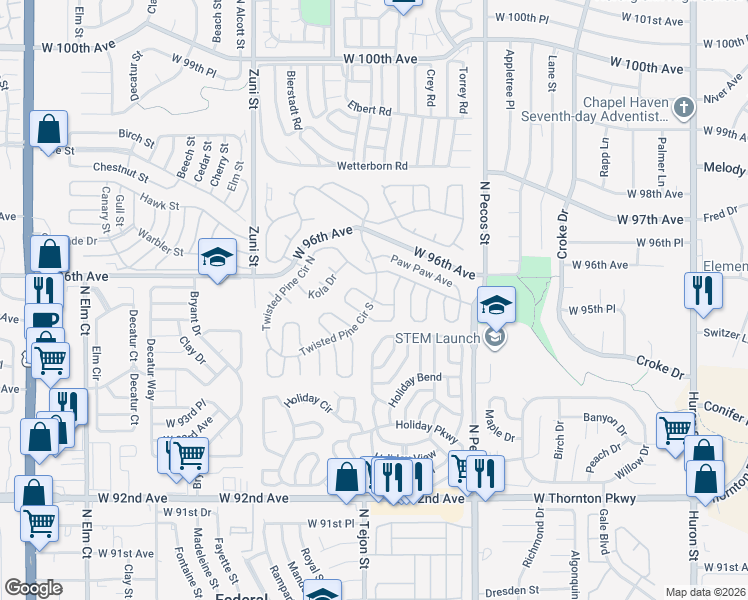 map of restaurants, bars, coffee shops, grocery stores, and more near 1661 Twisted Pine Circle South in Thornton