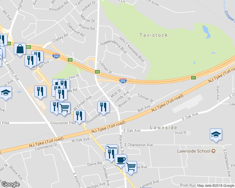 map of restaurants, bars, coffee shops, grocery stores, and more near 28 Mott Street in Lawnside