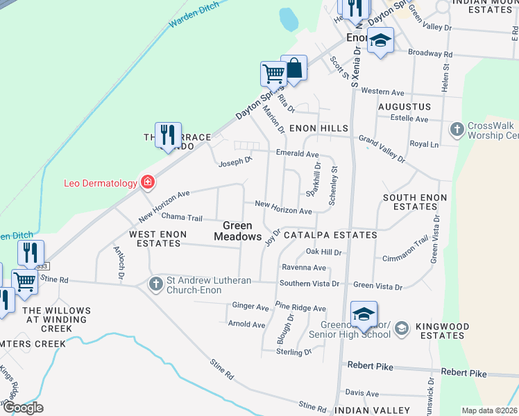 map of restaurants, bars, coffee shops, grocery stores, and more near 4071 Raymond Drive in Enon