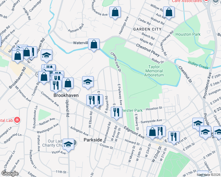 map of restaurants, bars, coffee shops, grocery stores, and more near 203 East Roland Road in Brookhaven