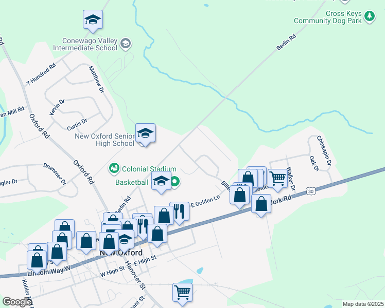 map of restaurants, bars, coffee shops, grocery stores, and more near 185 Billerbeck Street in New Oxford