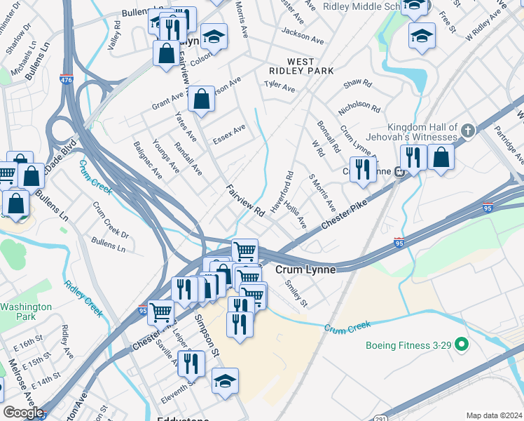 map of restaurants, bars, coffee shops, grocery stores, and more near 214 Fairview Road in Crum Lynne