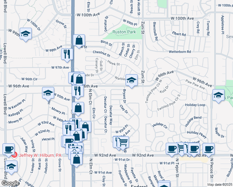 map of restaurants, bars, coffee shops, grocery stores, and more near 2311 West 92nd Avenue in Federal Heights