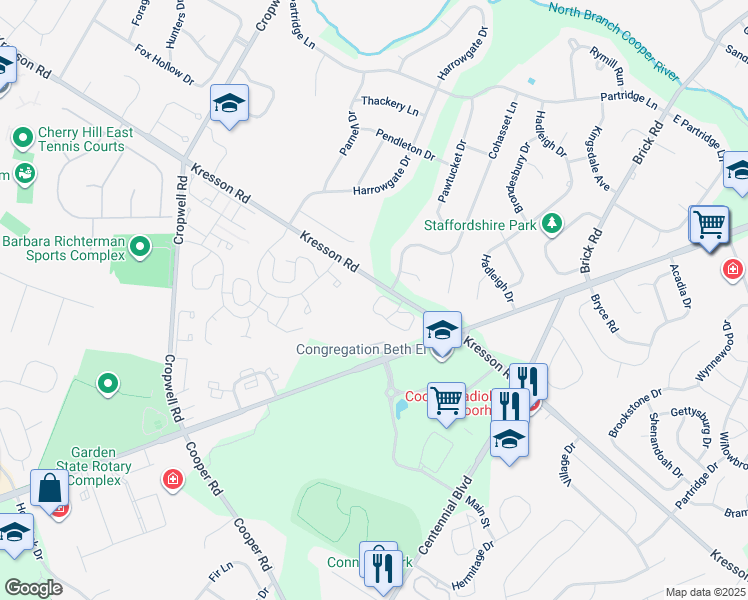 map of restaurants, bars, coffee shops, grocery stores, and more near 1303 The Woods in Cherry Hill