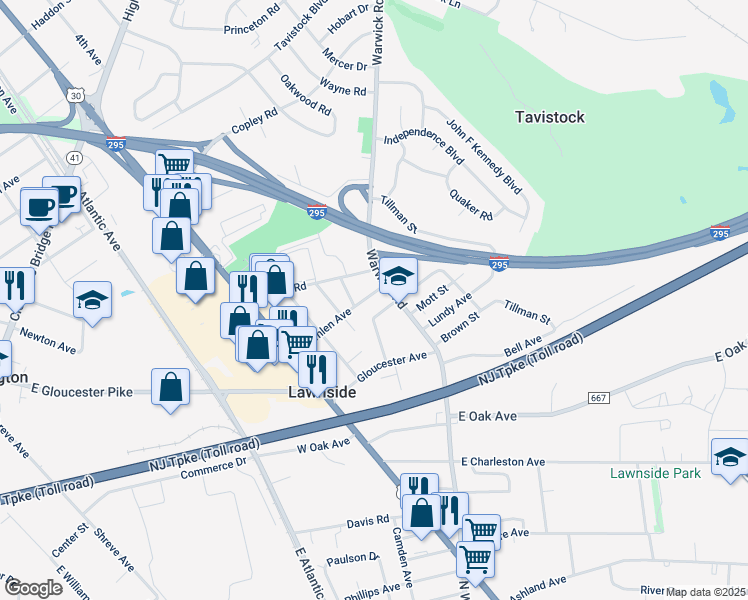 map of restaurants, bars, coffee shops, grocery stores, and more near 16 West Emlen Avenue in Lawnside