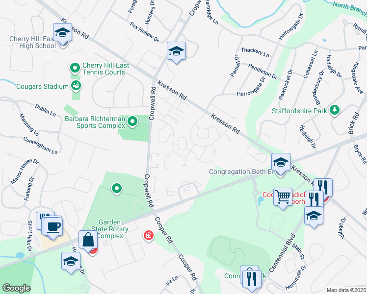 map of restaurants, bars, coffee shops, grocery stores, and more near 432 Chanticleer in Cherry Hill