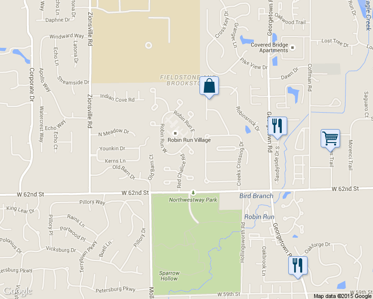 map of restaurants, bars, coffee shops, grocery stores, and more near 6322 Brush Run in Indianapolis