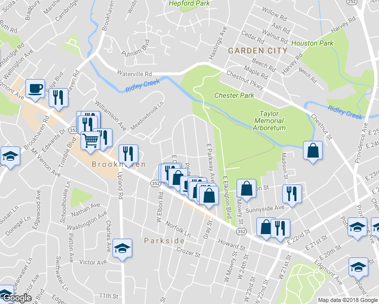 map of restaurants, bars, coffee shops, grocery stores, and more near 203 East Roland Road in Brookhaven