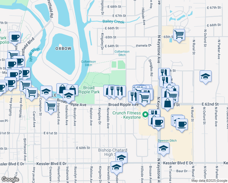 map of restaurants, bars, coffee shops, grocery stores, and more near 6240 Crittenden Avenue in Indianapolis