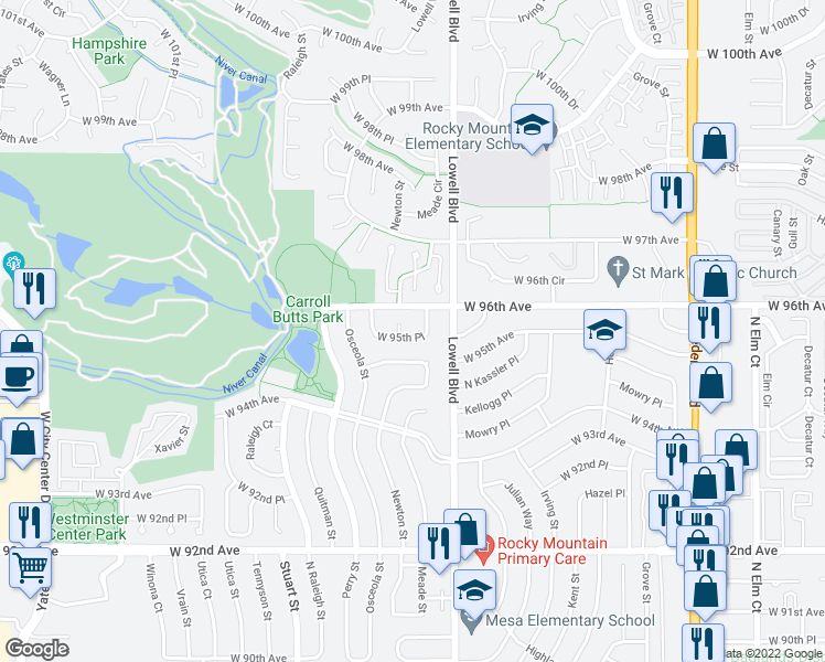 map of restaurants, bars, coffee shops, grocery stores, and more near 3715 West 95th Place in Westminster