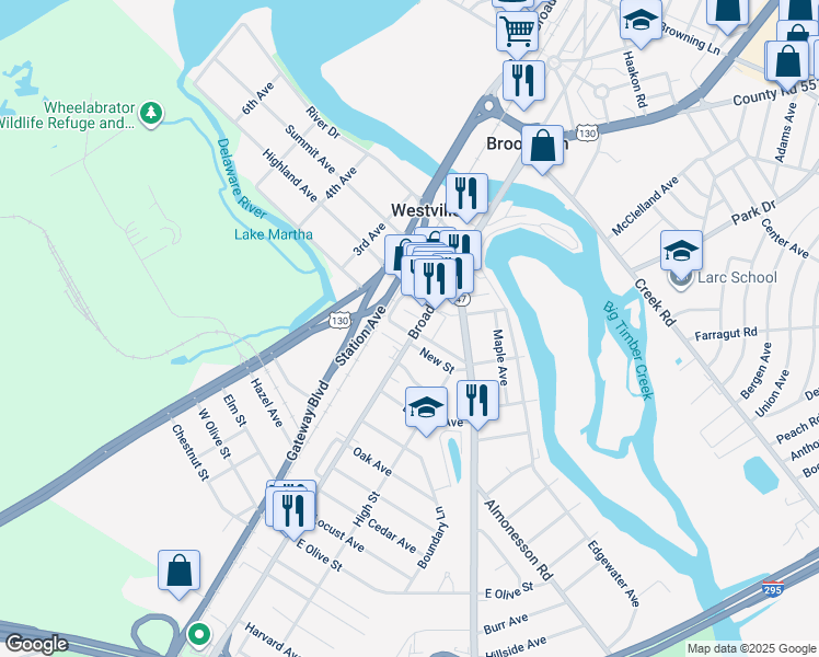 map of restaurants, bars, coffee shops, grocery stores, and more near 230 Broadway in Westville