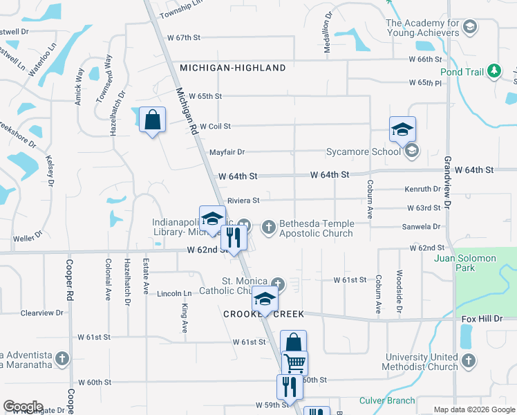 map of restaurants, bars, coffee shops, grocery stores, and more near 2205 Riviera Street in Indianapolis
