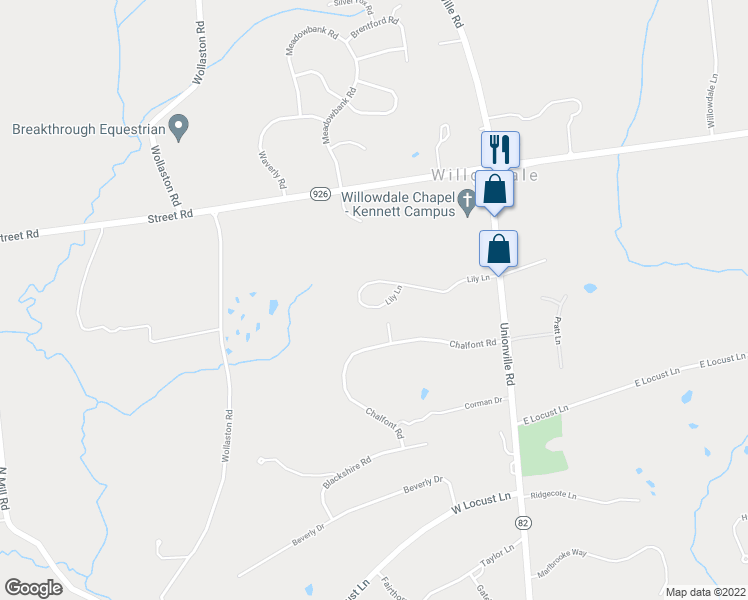 map of restaurants, bars, coffee shops, grocery stores, and more near 251 Lily Lane in Kennett Square
