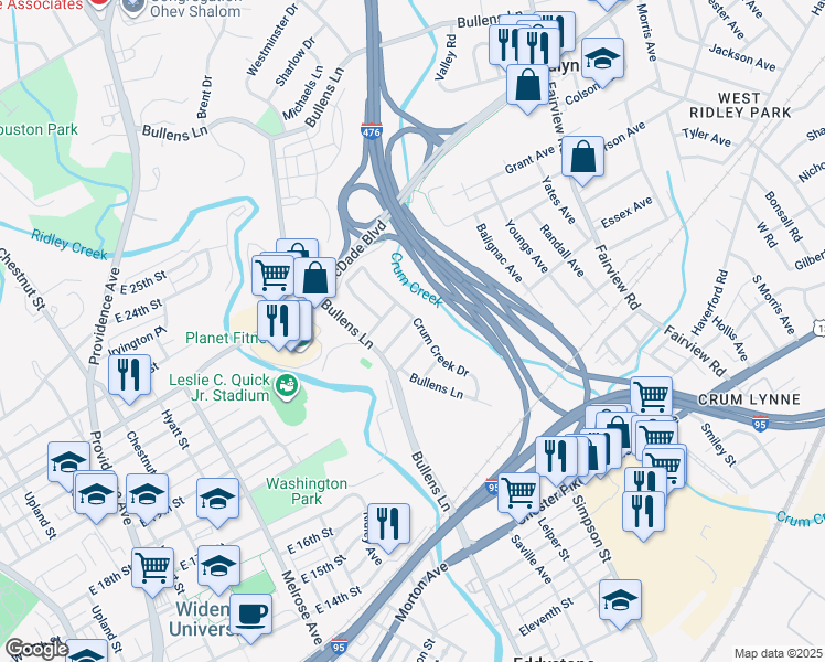 map of restaurants, bars, coffee shops, grocery stores, and more near 189 Crum Creek Drive in Woodlyn