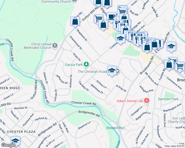 map of restaurants, bars, coffee shops, grocery stores, and more near 405 Sir Galahad Drive in Brookhaven