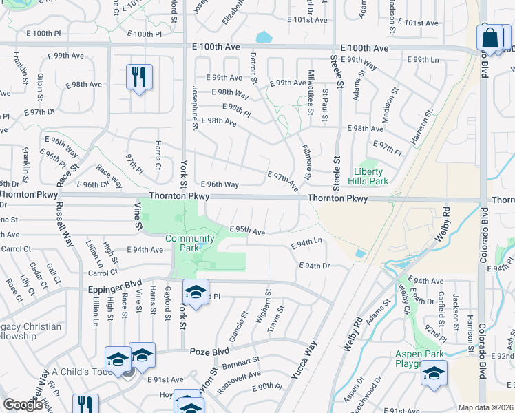 map of restaurants, bars, coffee shops, grocery stores, and more near 9547 Clayton Court in Thornton