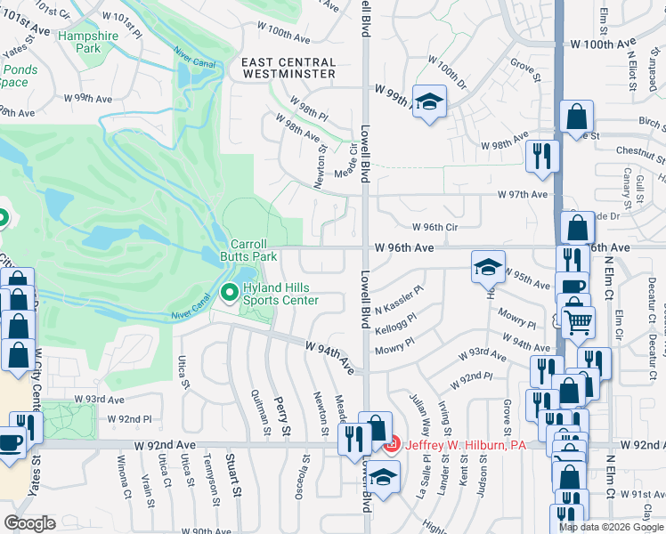 map of restaurants, bars, coffee shops, grocery stores, and more near 3715 West 95th Place in Westminster