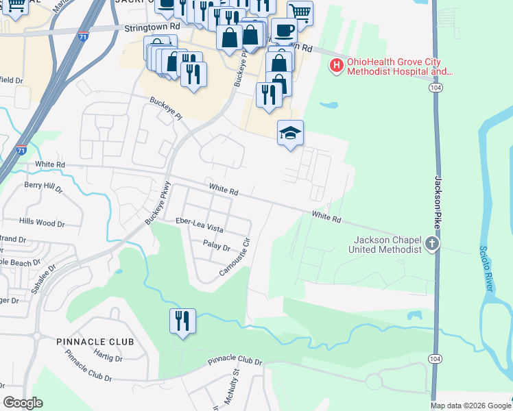 map of restaurants, bars, coffee shops, grocery stores, and more near 1321 White Road in Grove City