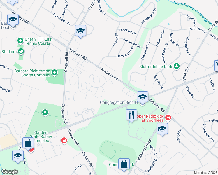 map of restaurants, bars, coffee shops, grocery stores, and more near 210 Chanticleer in Cherry Hill Township