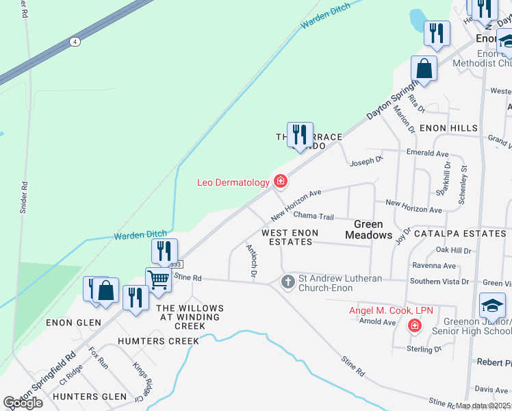 map of restaurants, bars, coffee shops, grocery stores, and more near 4102 West Enon Drive in Enon