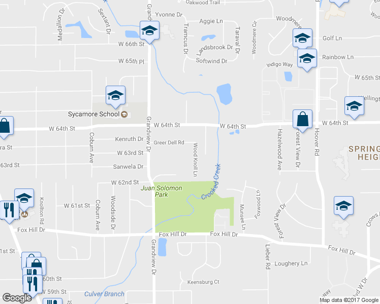 map of restaurants, bars, coffee shops, grocery stores, and more near 6340 Wood Knoll Lane in Indianapolis