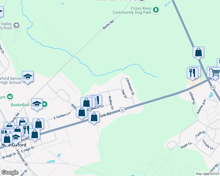 map of restaurants, bars, coffee shops, grocery stores, and more near 50 Oak Drive in New Oxford