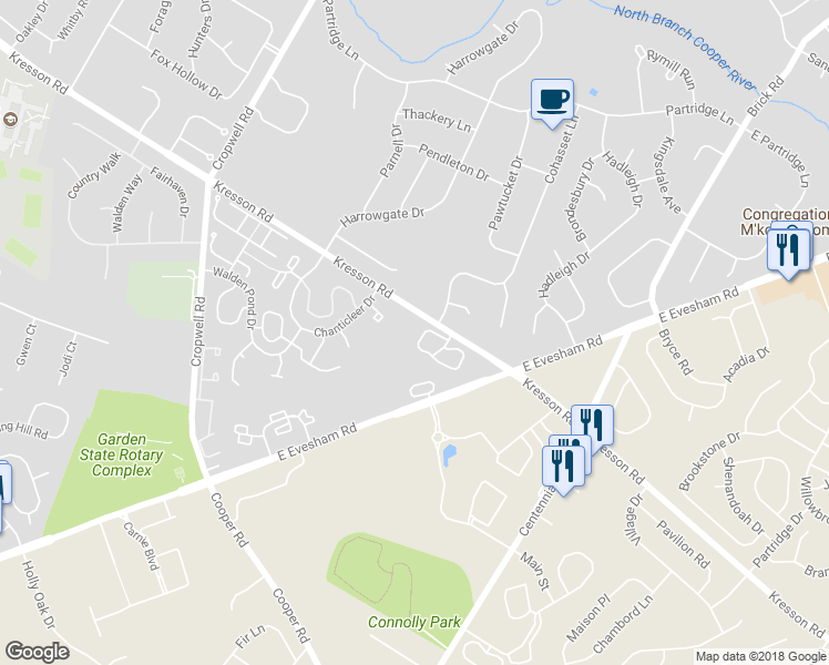 map of restaurants, bars, coffee shops, grocery stores, and more near 108 The Woods in Cherry Hill