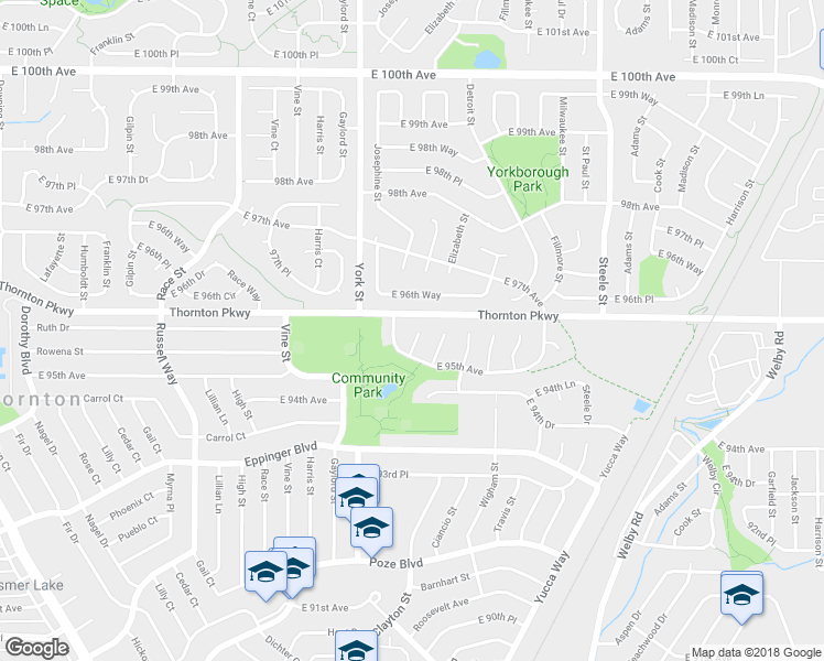 map of restaurants, bars, coffee shops, grocery stores, and more near 9532 Columbine Court in Thornton