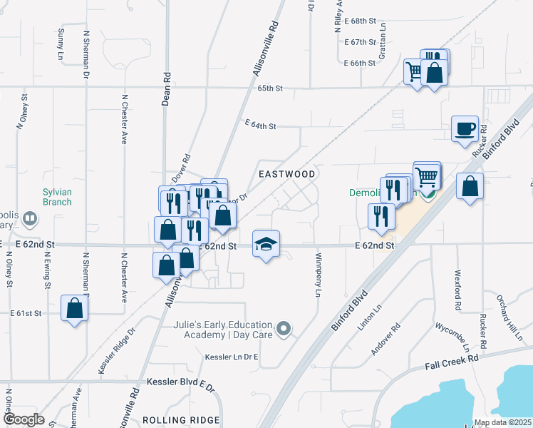 map of restaurants, bars, coffee shops, grocery stores, and more near 4423c Brookline Court in Indianapolis
