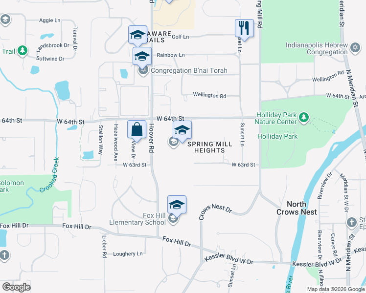 map of restaurants, bars, coffee shops, grocery stores, and more near 615 West 64th Street in Indianapolis