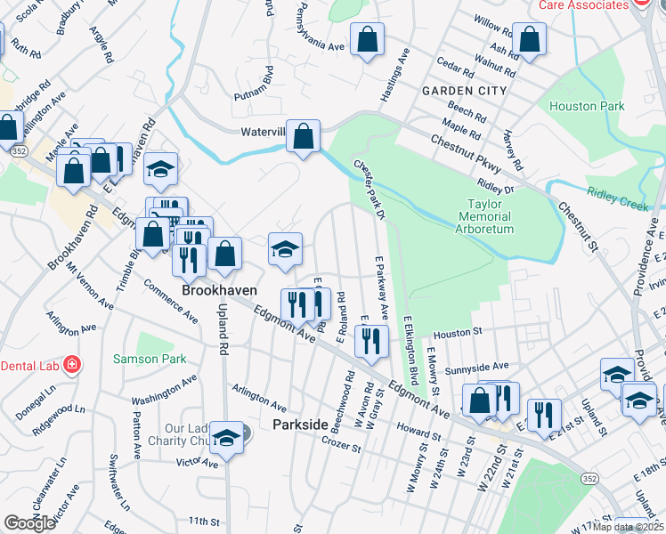 map of restaurants, bars, coffee shops, grocery stores, and more near 202 East Roland Road in Brookhaven