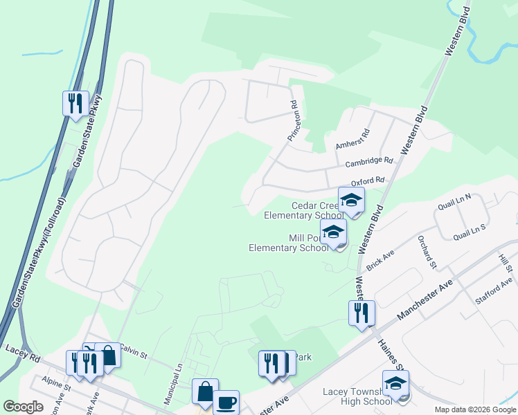 map of restaurants, bars, coffee shops, grocery stores, and more near 743 Oxford Road in Lacey Township