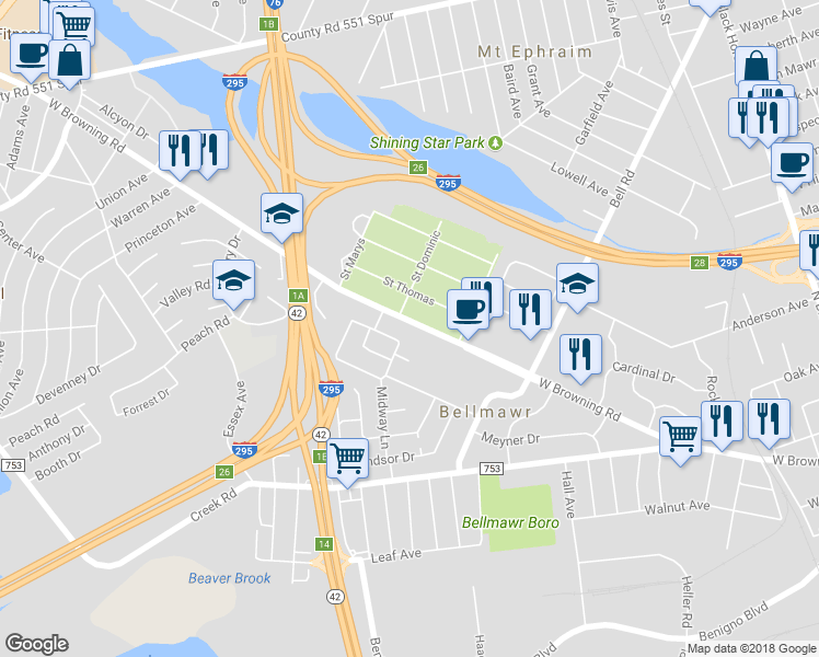 map of restaurants, bars, coffee shops, grocery stores, and more near 434 West Browning Road in Bellmawr