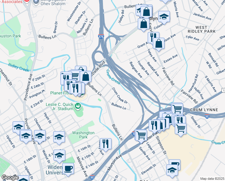 map of restaurants, bars, coffee shops, grocery stores, and more near 189 Crum Creek Drive in Woodlyn