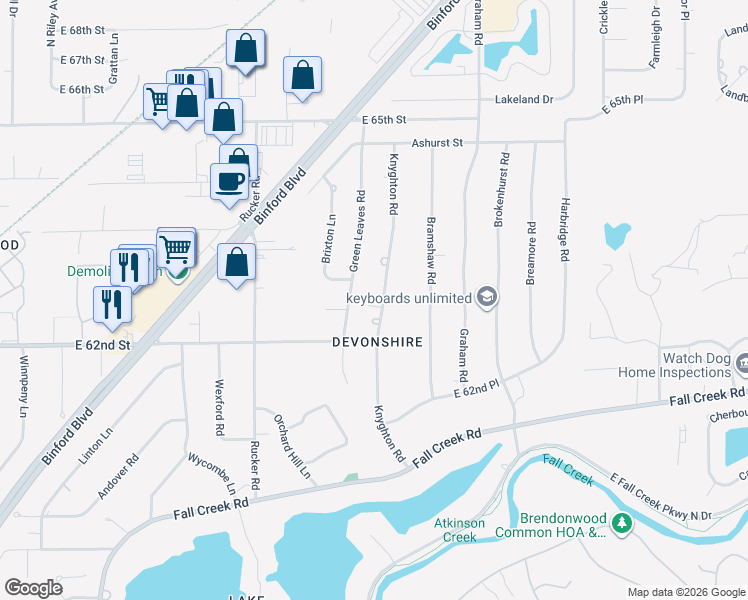 map of restaurants, bars, coffee shops, grocery stores, and more near 6240 Knyghton Road in Indianapolis