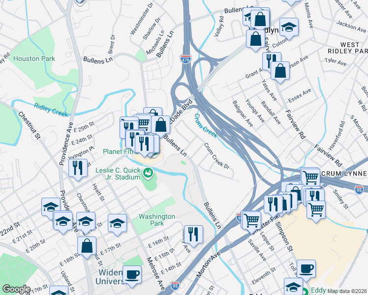 map of restaurants, bars, coffee shops, grocery stores, and more near 212 Bullens Lane in Woodlyn
