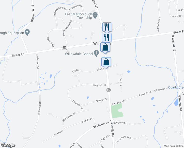map of restaurants, bars, coffee shops, grocery stores, and more near 213 Lily Lane in Kennett Square