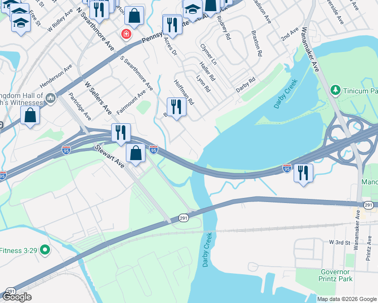 map of restaurants, bars, coffee shops, grocery stores, and more near 121 East Lane in Ridley Park