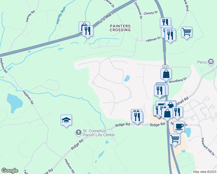 map of restaurants, bars, coffee shops, grocery stores, and more near 26 Evergreen Place in Chadds Ford