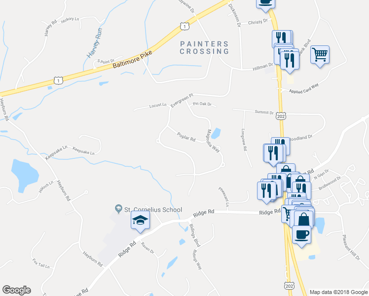 map of restaurants, bars, coffee shops, grocery stores, and more near 26 Evergreen Place in Chadds Ford
